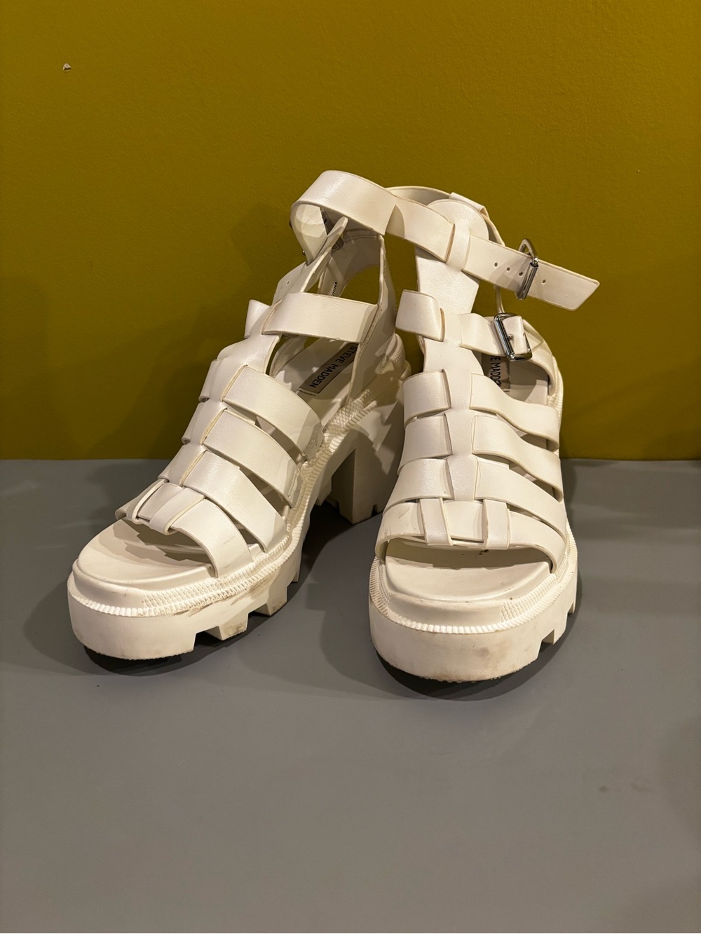Steve Madden White Chunky Lug-Strap Heeled Sandals